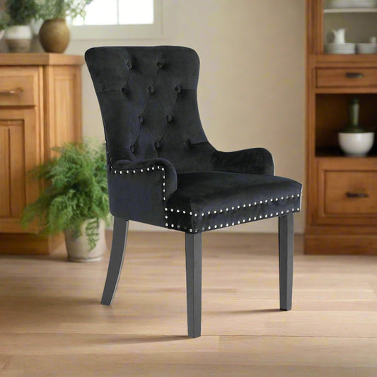 Arabella Set of 4 French Provincial Dining Chair Ring Studded Velvet Rubberwood Leg - Black