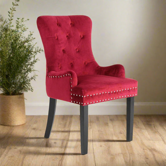 Arabella Set of 4 French Provincial Dining Chair Ring Studded Velvet Rubberwood Leg - Bordeaux Red