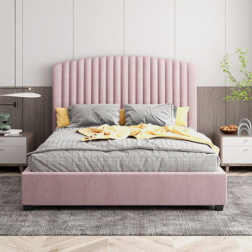 Camelia Bed Frame Upholstered High Headboard Velvet- Pink Queen