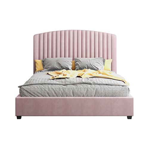 Camelia Bed Frame Upholstered High Headboard Velvet- Pink Queen