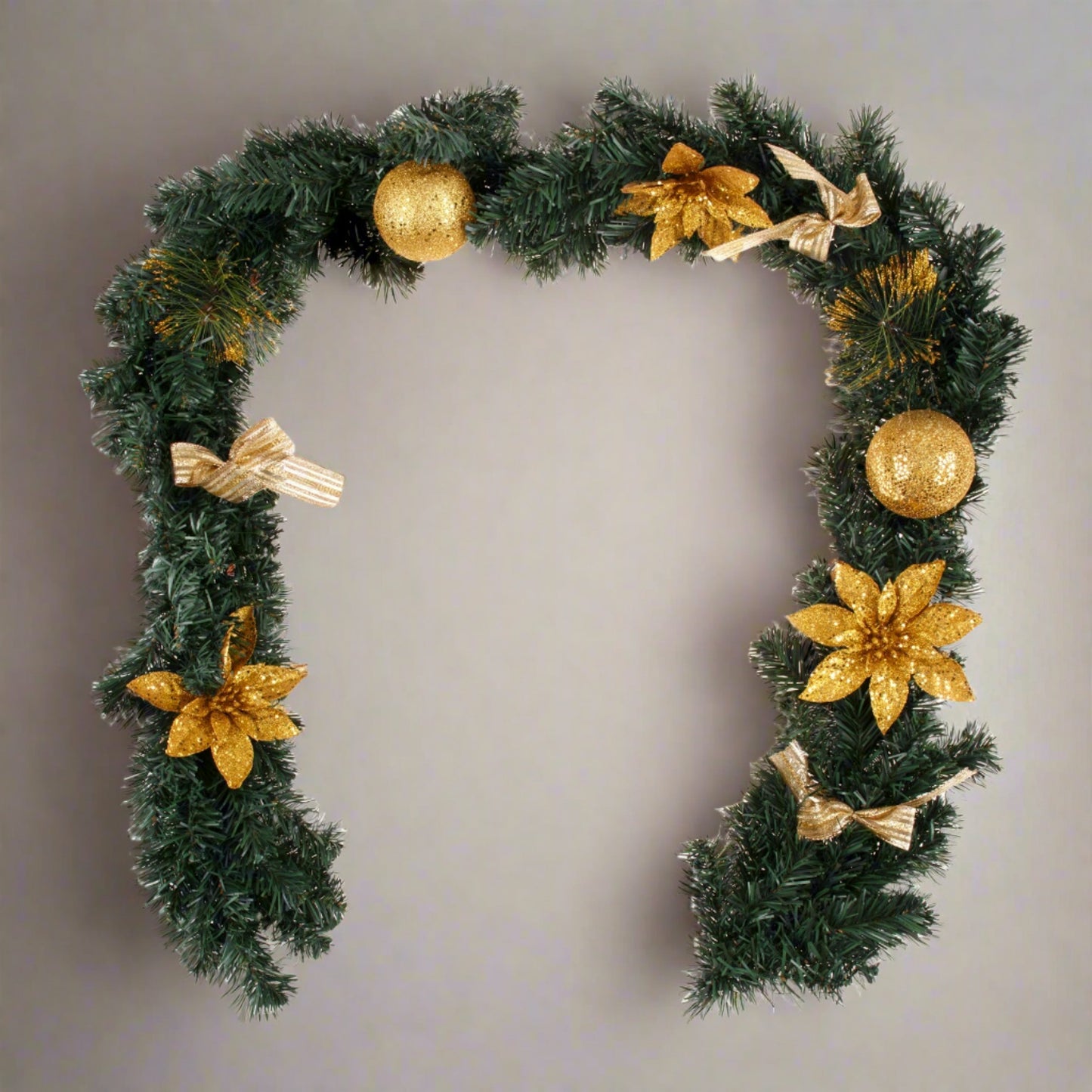 1.8m/6ft Christmas Pine Garland Gold Balls Flower Bows Xmas Hanging Decor