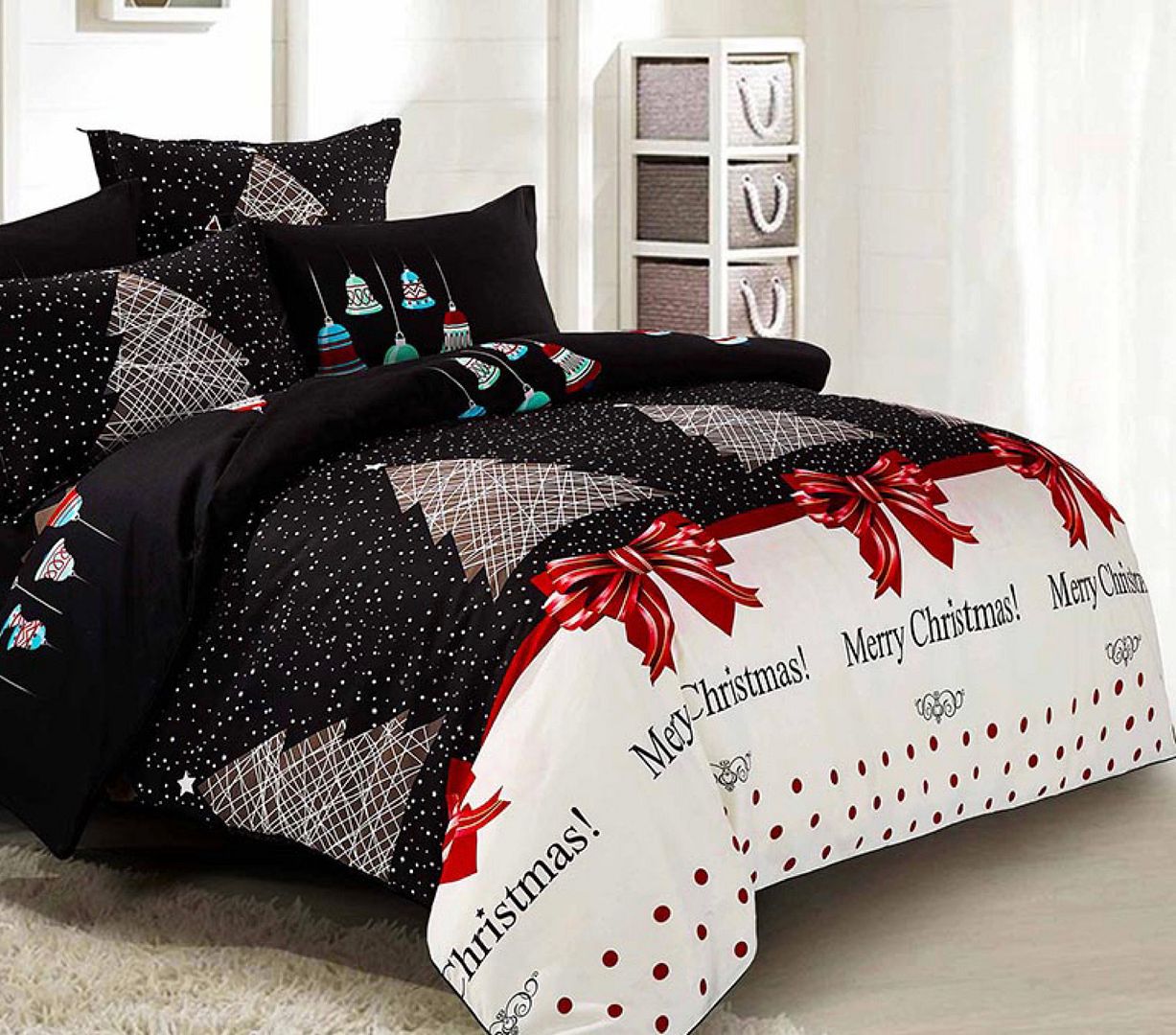 DOUBLE 3-Piece Christmas Quilt Duvet Cover Set - Black