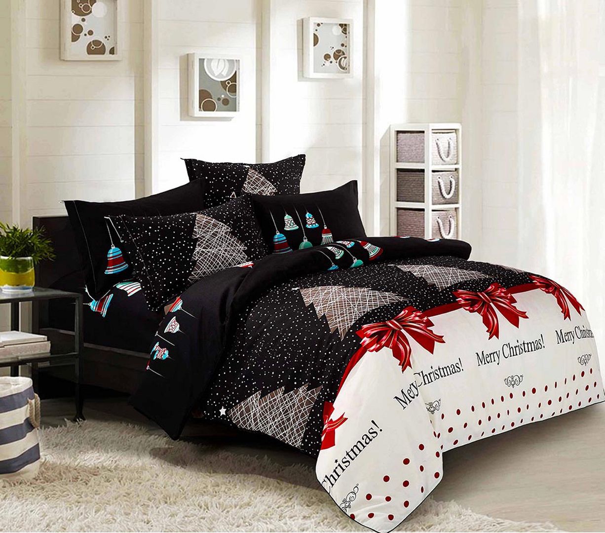 KING 3-Piece Christmas Quilt Duvet Cover Set - Black