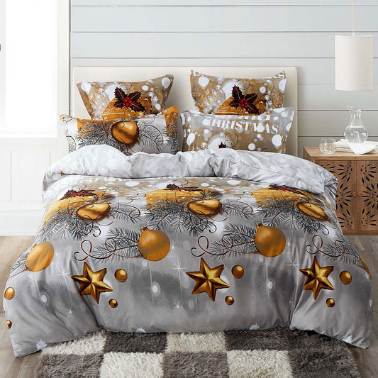 KING 3-Piece Christmas Quilt Duvet Cover Set - Grey & Gold