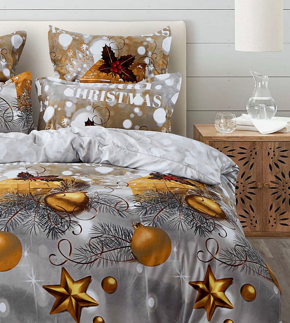 KING 3-Piece Christmas Quilt Duvet Cover Set - Grey & Gold