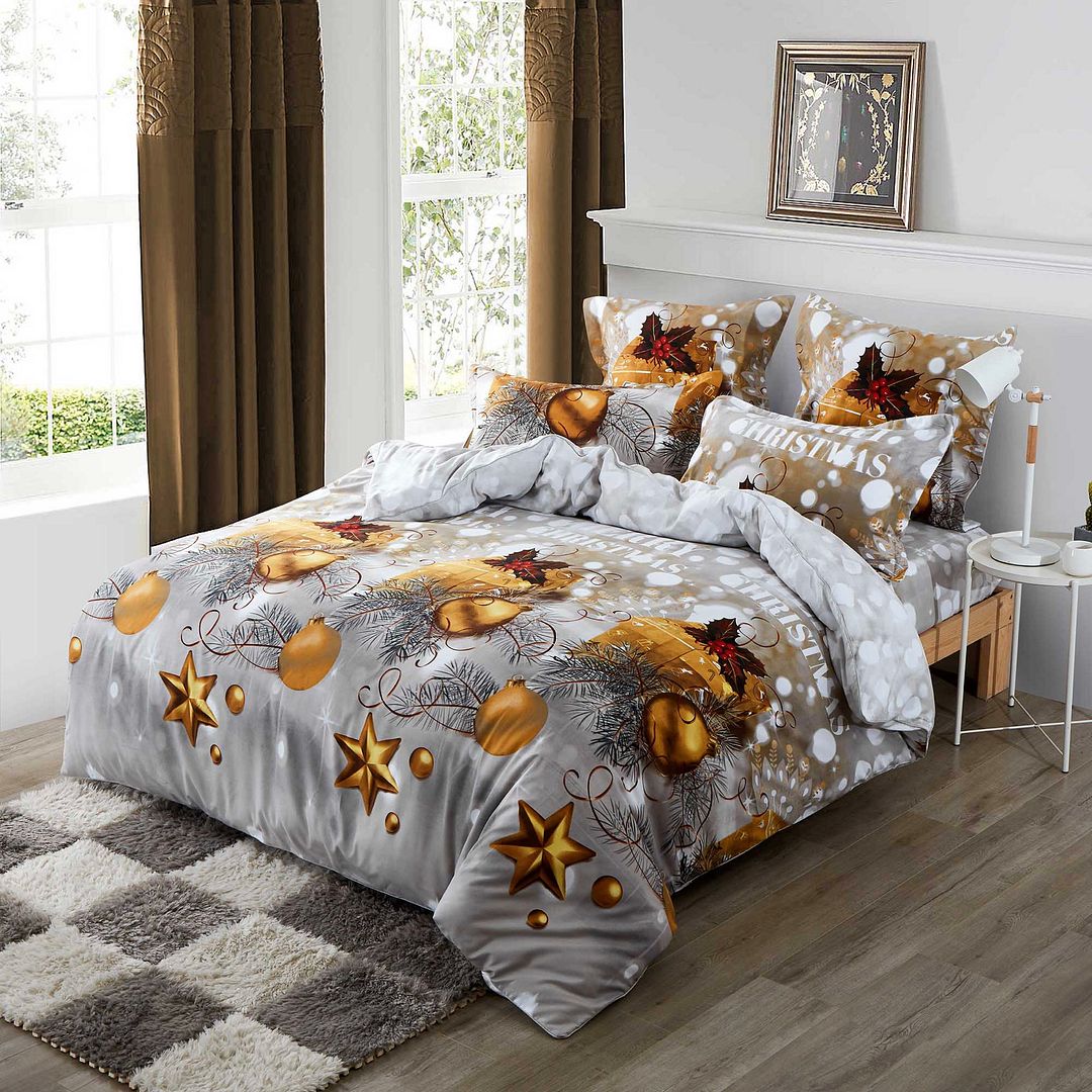 KING 3-Piece Christmas Quilt Duvet Cover Set - Grey & Gold