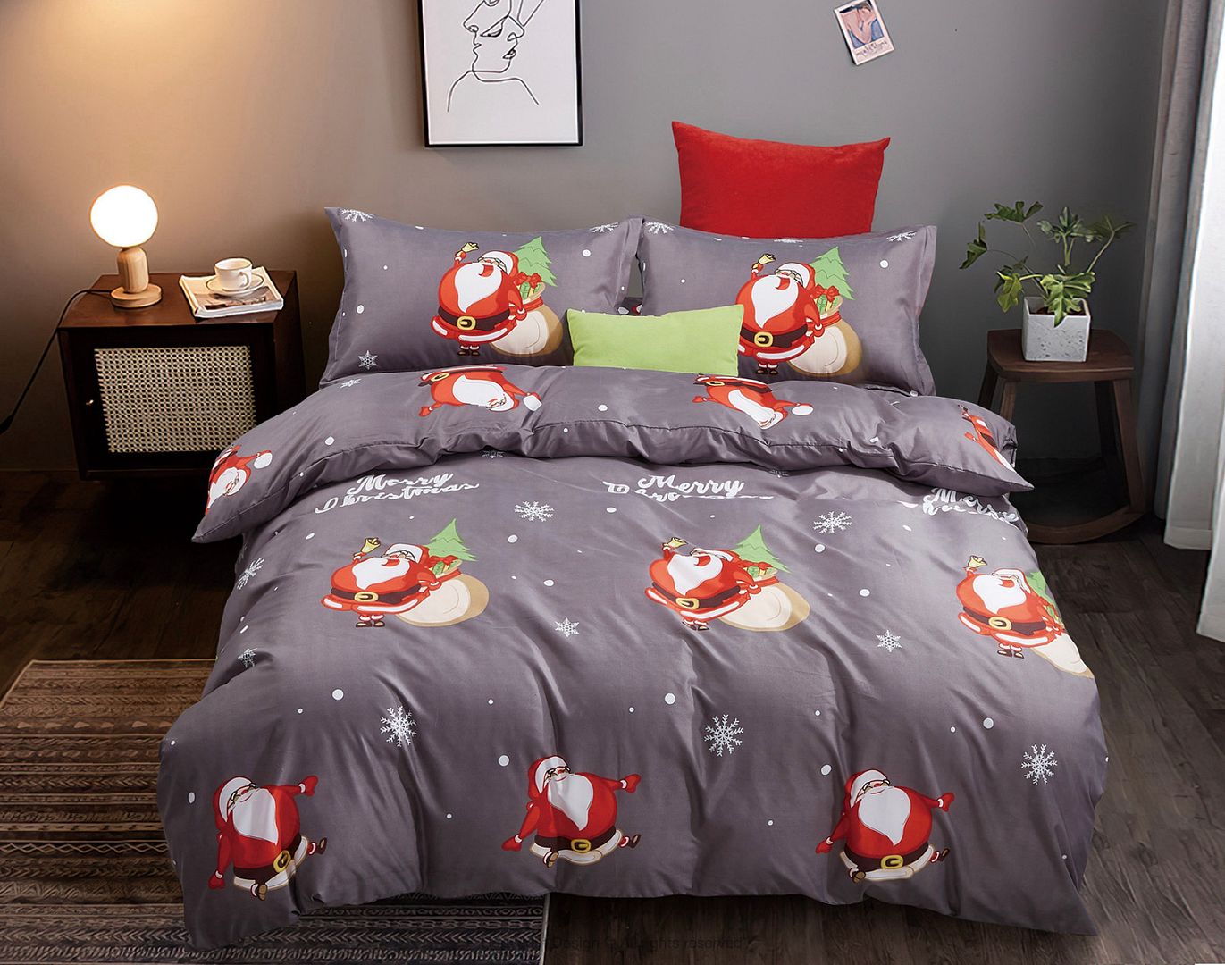 KING 3-Piece Christmas Quilt Duvet Cover Set - Grey