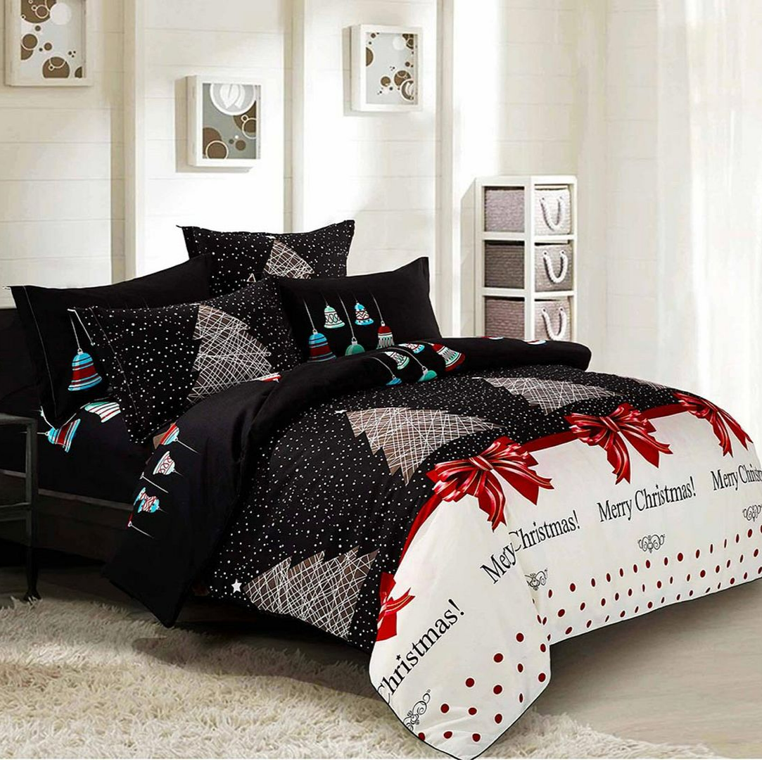 QUEEN 3-Piece Christmas Quilt Duvet Cover Set - Black