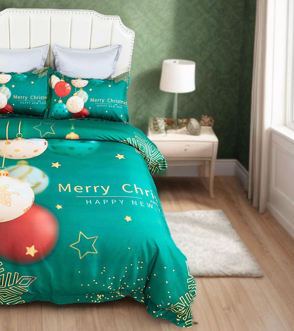 KING 3-Piece Christmas Quilt Duvet Cover Set - Green