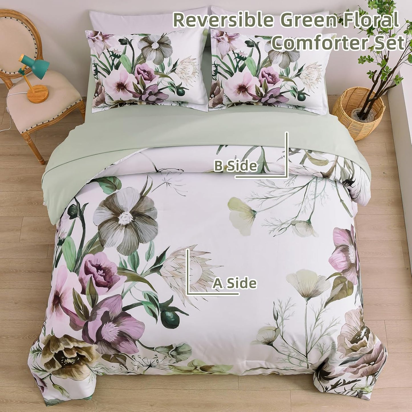 King Floral Comforter Set Green Floral 3-Piece Bedding Soft Microfiber For All Seasons