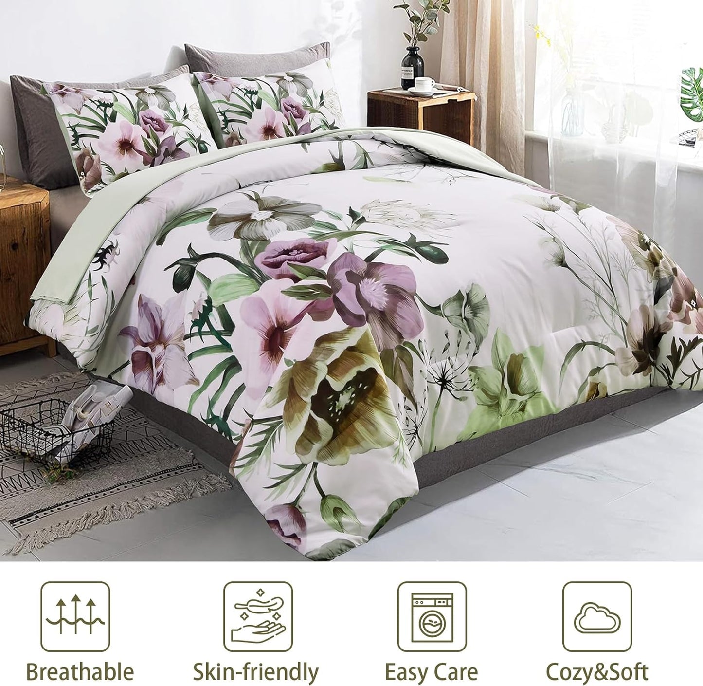 King Floral Comforter Set Green Floral 3-Piece Bedding Soft Microfiber For All Seasons