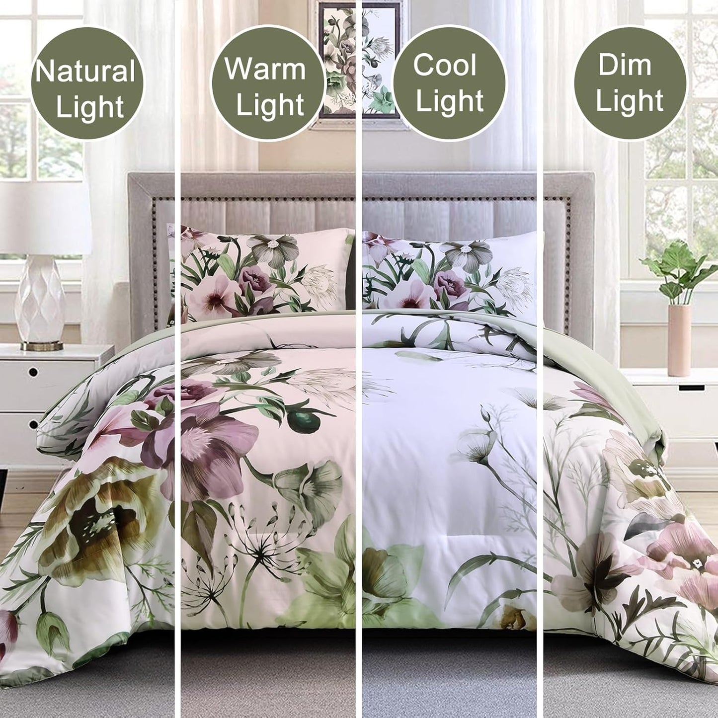 King Floral Comforter Set Green Floral 3-Piece Bedding Soft Microfiber For All Seasons