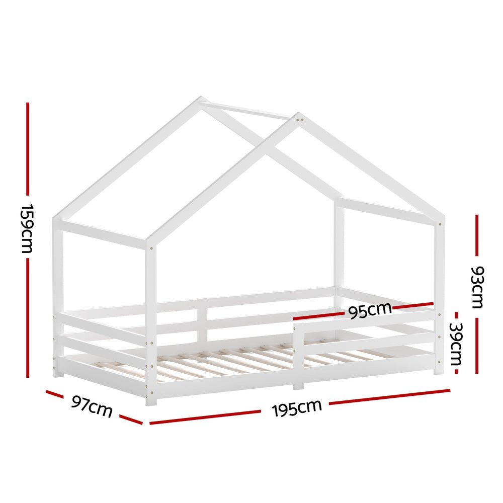 Hailey Bed Frame Wooden Kids House - White Single