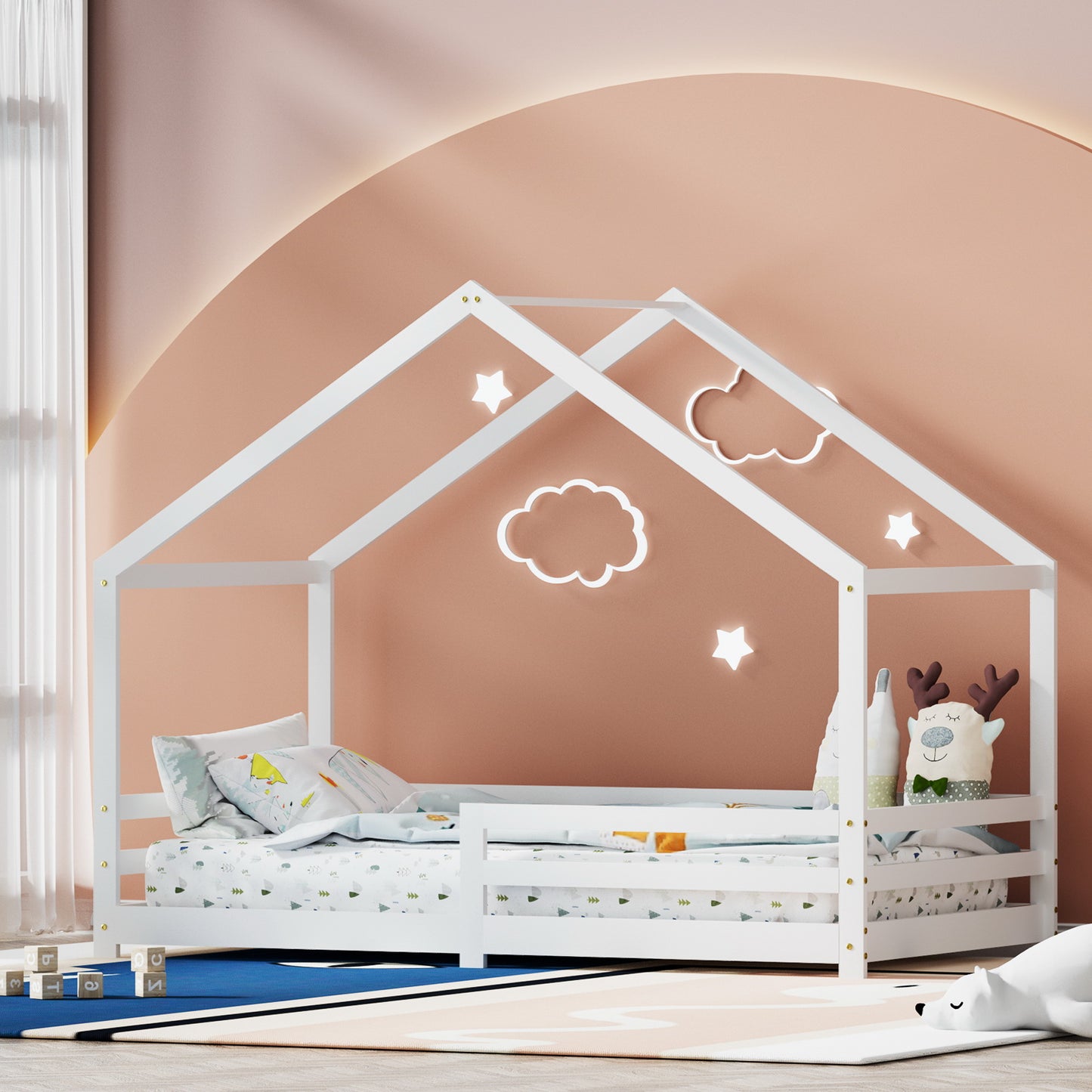 Hailey Bed Frame Wooden Kids House - White Single