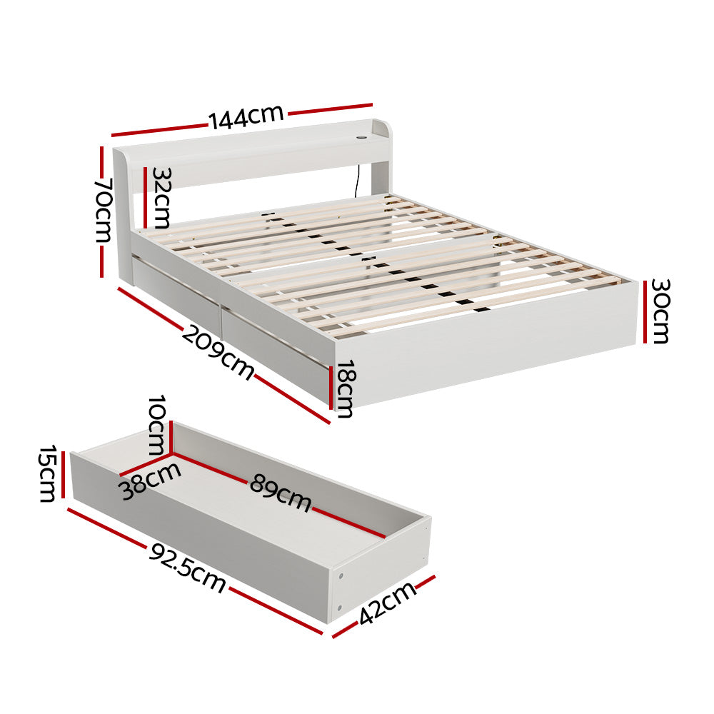 Rosemary Bed Frame Mattress Base with Charging Ports 2 Storage Drawers - White Double