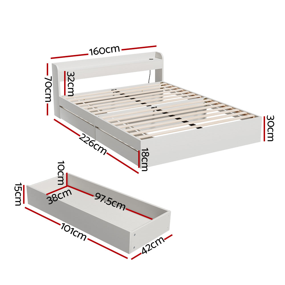 Rosemary Bed Frame Mattress Base wtih Charging Ports 2 Storage Drawers - White Queen