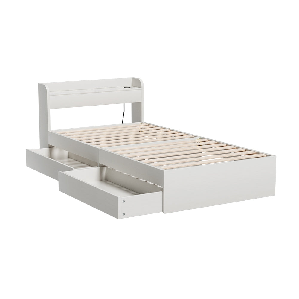 Rosemary Bed Frame Mattress Base wtih Charging Ports 2 Storage Drawers - White Single