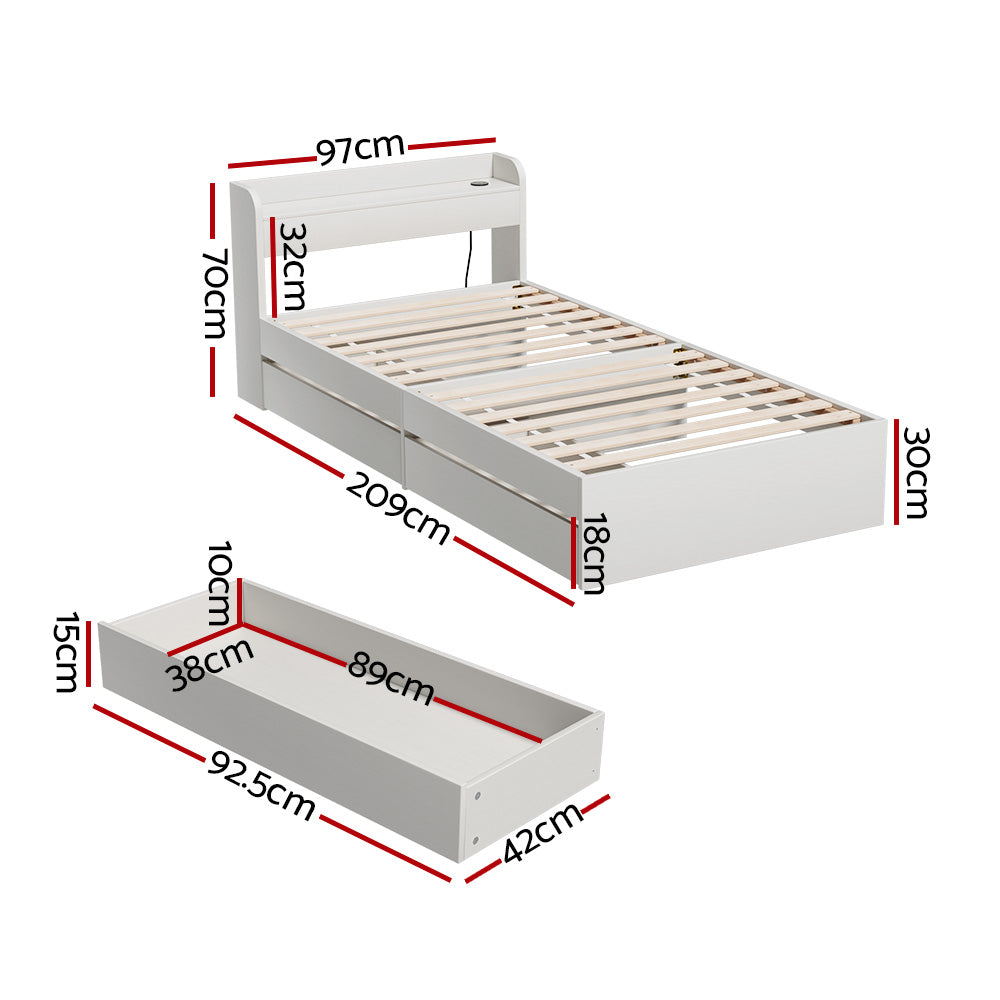 Rosemary Bed Frame Mattress Base wtih Charging Ports 2 Storage Drawers - White Single