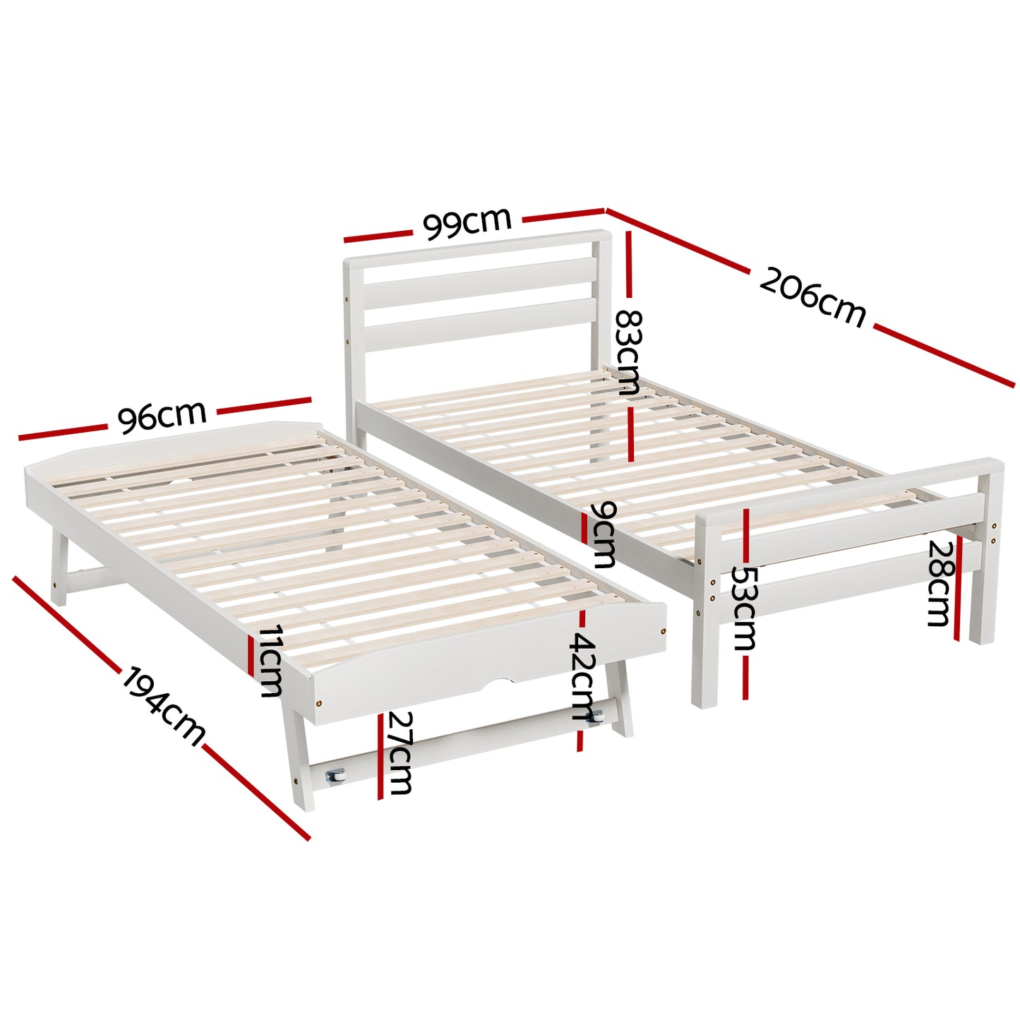 Brielle Bed Frame 2-in-1 Wooden with Trundle Bed - White Single