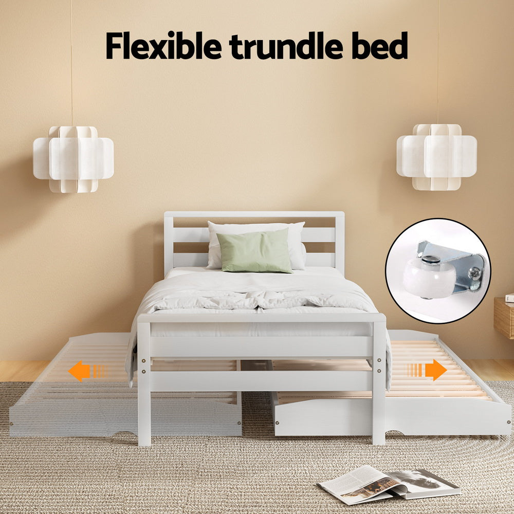 Brielle Bed Frame 2-in-1 Wooden with Trundle Bed - White Single