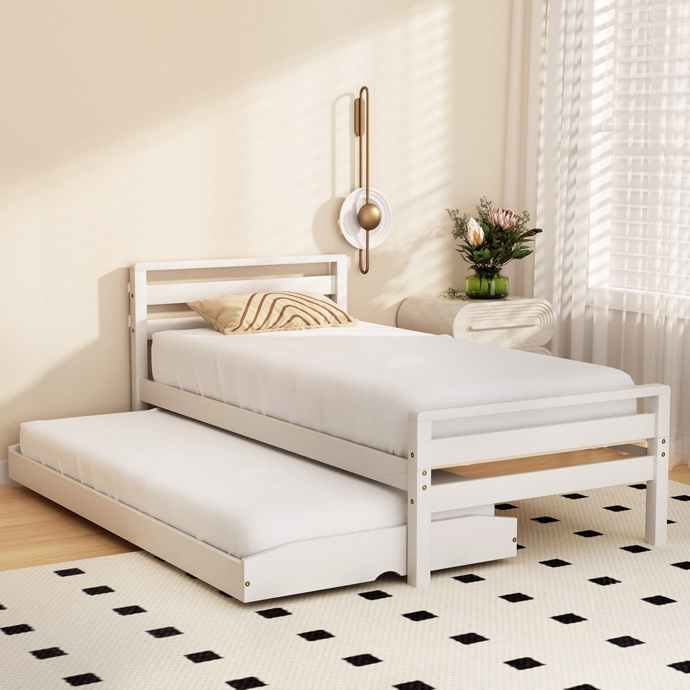 Brielle Bed Frame 2-in-1 Wooden with Trundle Bed - White Single