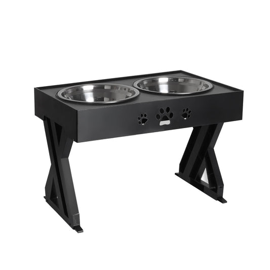 Elevated Pet Feeder Food Water Double Bowl Adjustable Height Raised Stand - Black