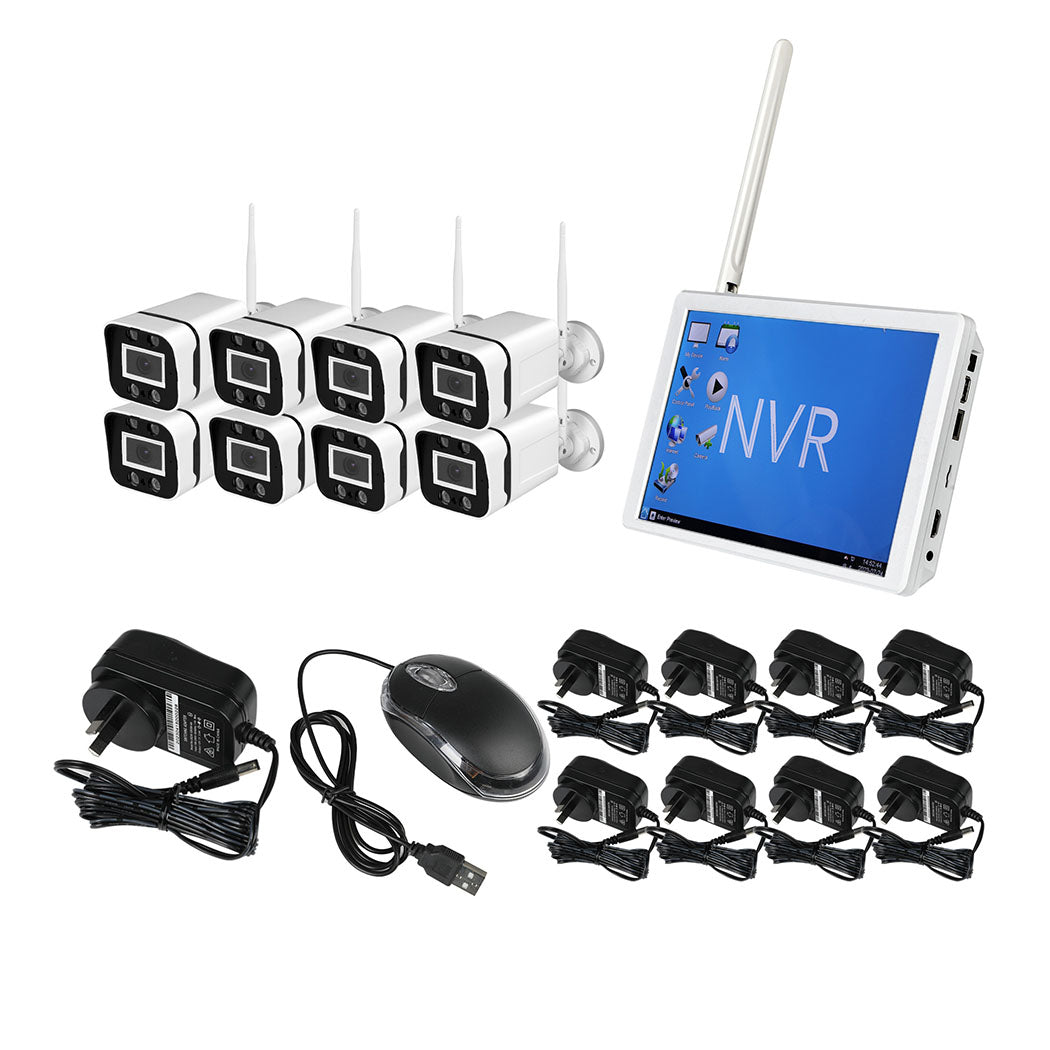 Set of 8 Wireless Security Camera System Set with Monitor Square - White