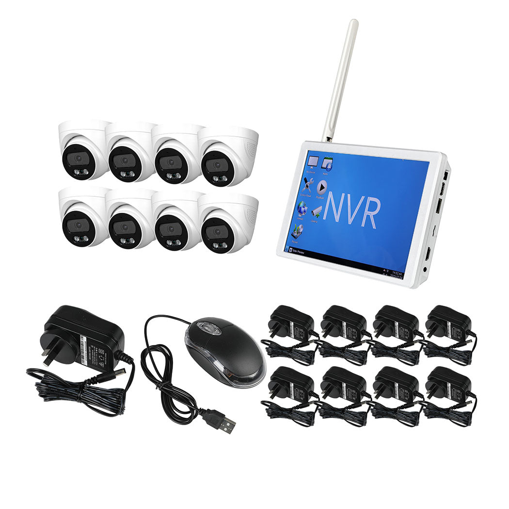 Set of 8 Wireless Security Camera System Set with Monitor Round - White