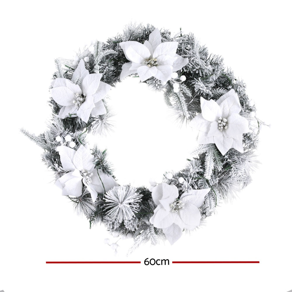 60cm Christmas Wreath LED Lights Snowy Flowers Garland Party Decor