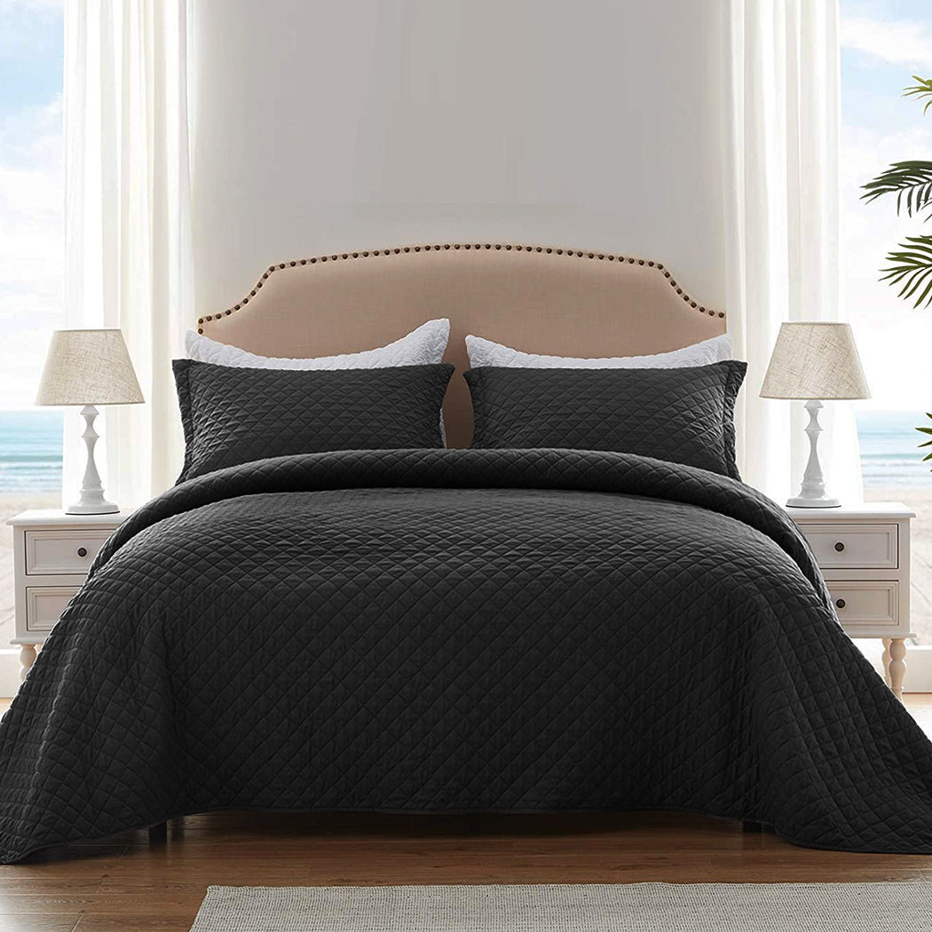 QUEEN 300GSM Bedspread Coverlet Set Quilted Comforter Soft Pillowcases - Dark Grey