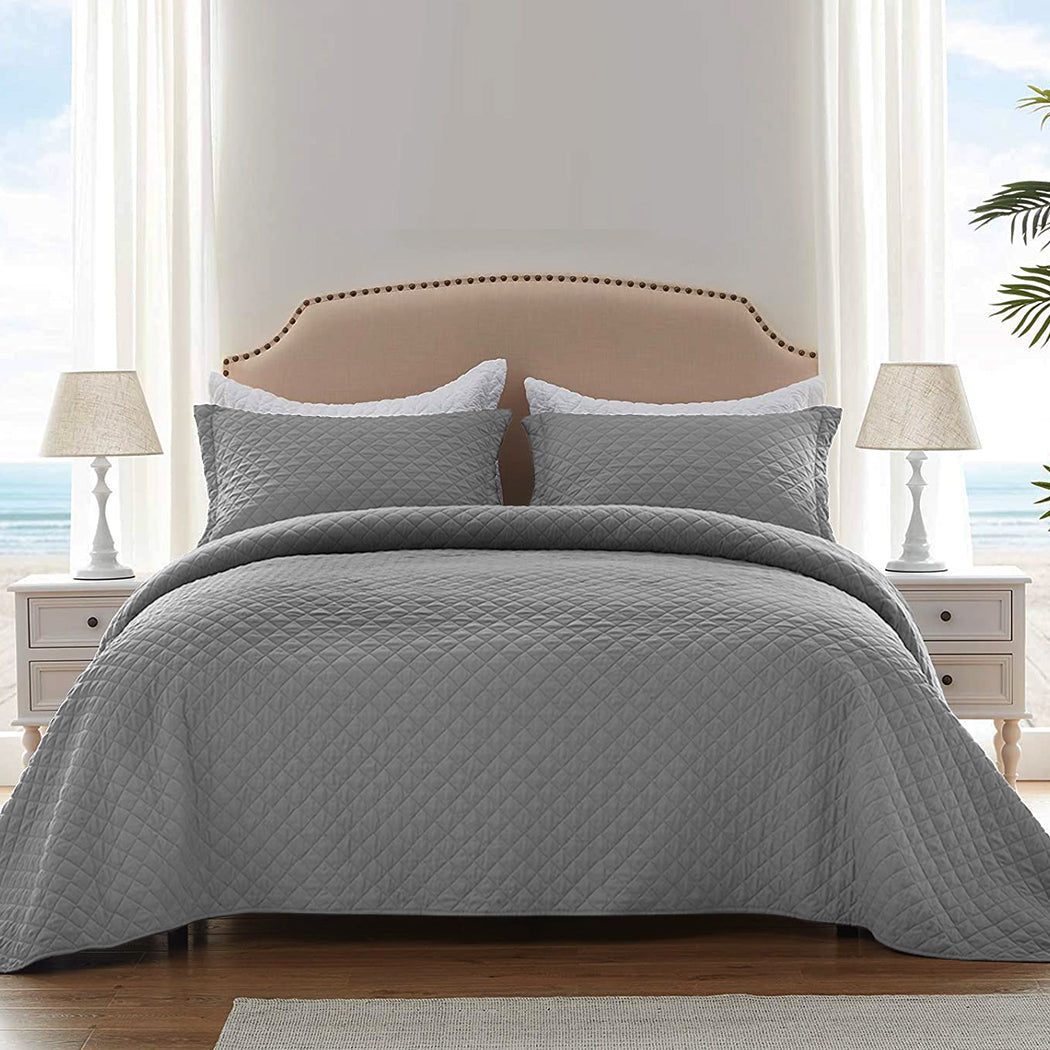 QUEEN 300GSM Bedspread Coverlet Set Quilted Comforter Soft Pillowcases - Grey