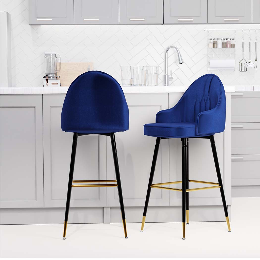 Set of 2 Dublin Bar Stools Stool Kitchen Chairs Swivel Velvet Barstools Vintage - Blue