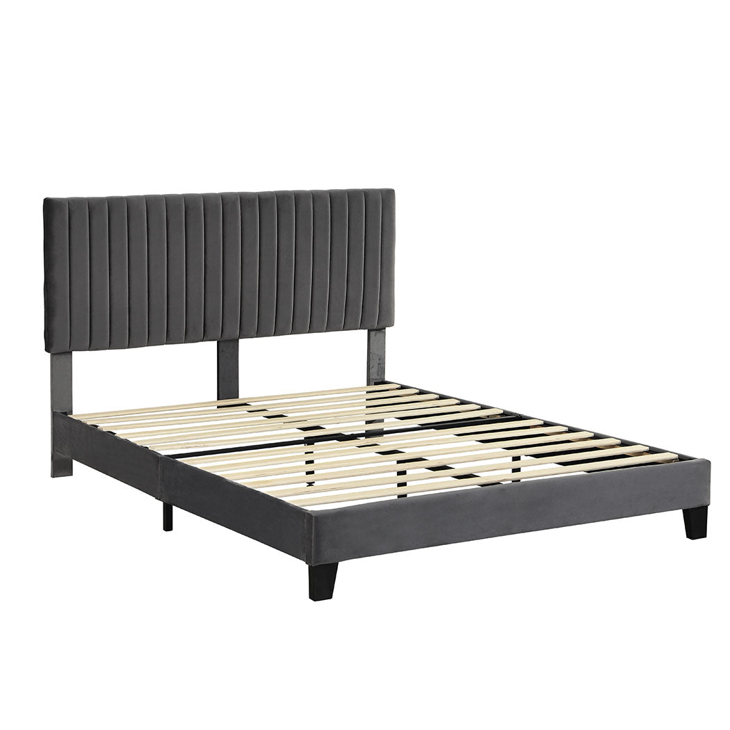 Cheyenne Bed Frame Base Platform Wooden Velvet with Headboard Grey - Queen