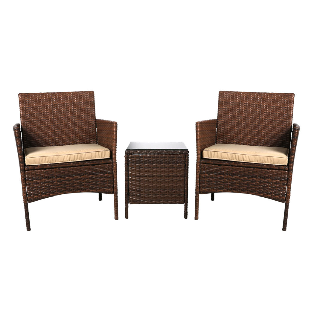 Rhyse 2-Seater Furniture Patio Garden Chair Table Rattan Wicker Cushion Seat 3-Piece Outdoor Setting - Brown