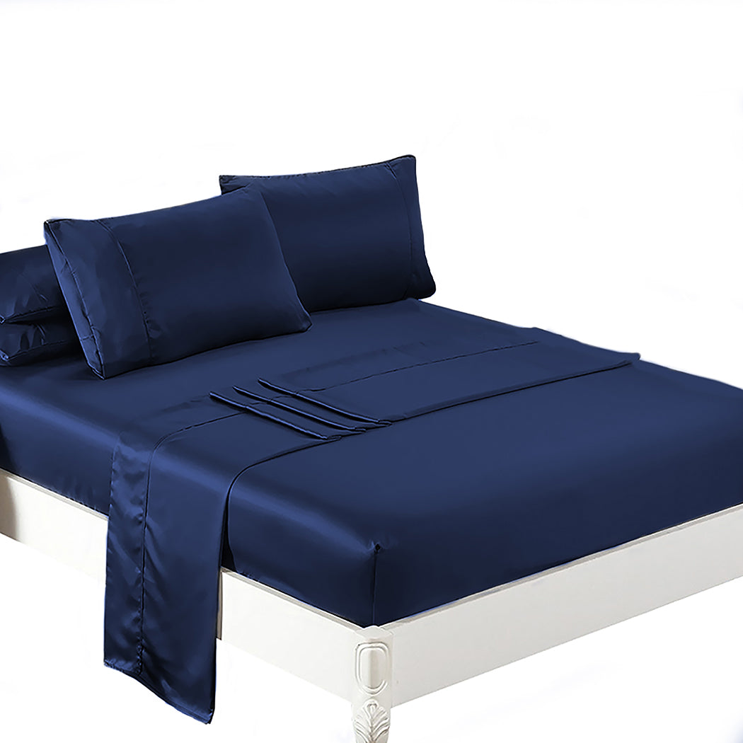 Queen Dreamz Silky Satin Sheets Fitted Flat Blue