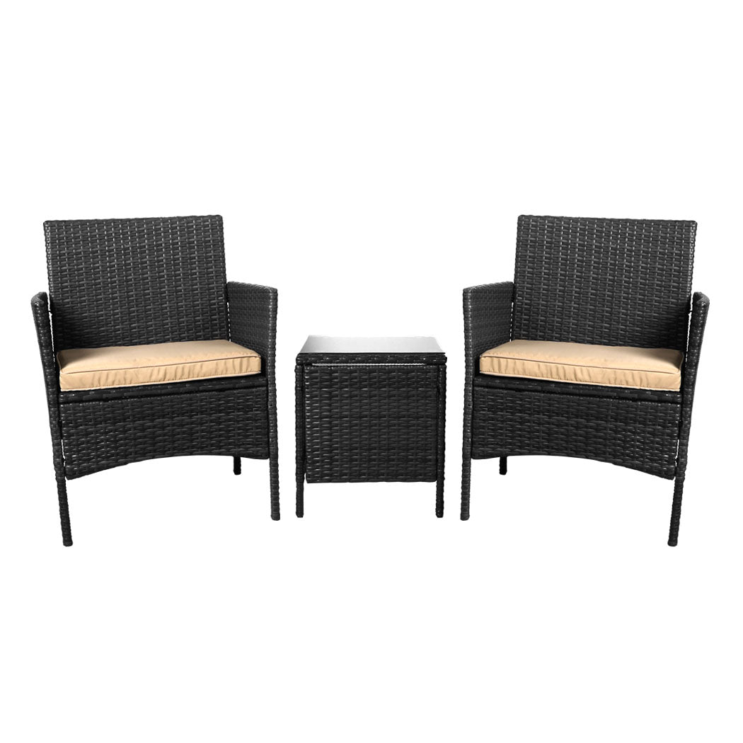 Rhyse 2-Seater Furniture Patio Garden Chair Table Rattan Wicker Cushion Seat 3-Piece Outdoor Setting - Black