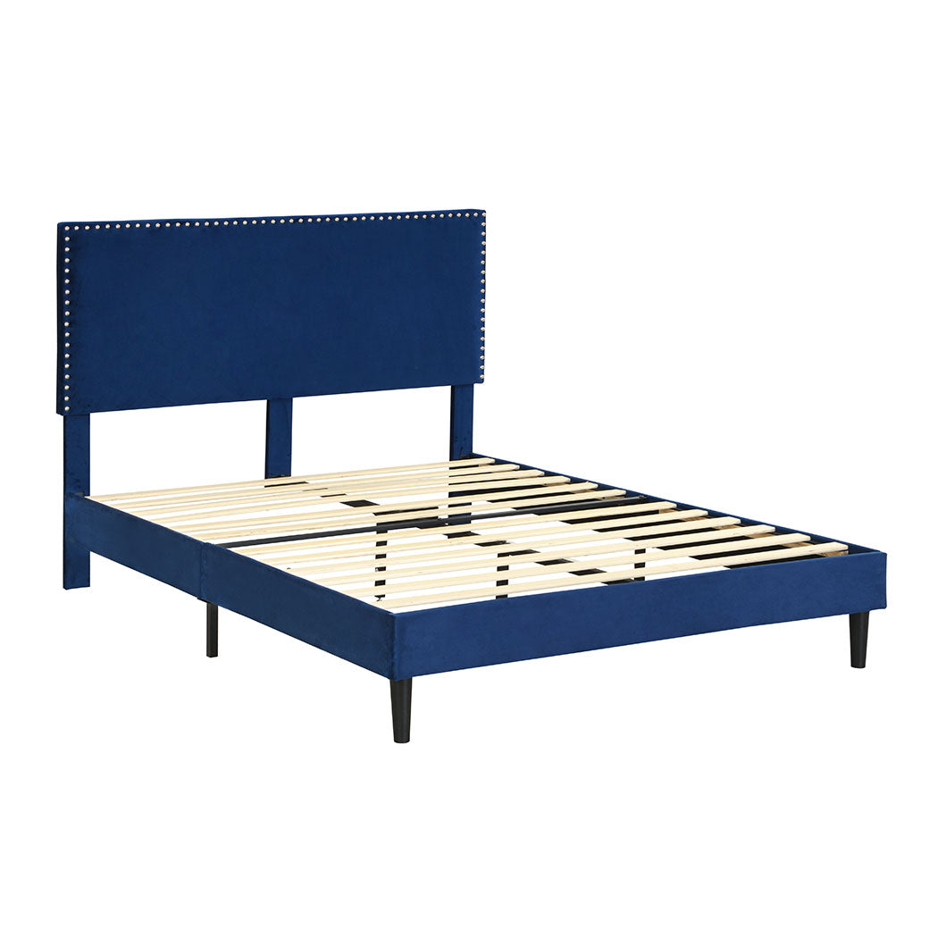 Velsen Bed Frame Base Platform Wooden Velvet with Headboard Blue - Double