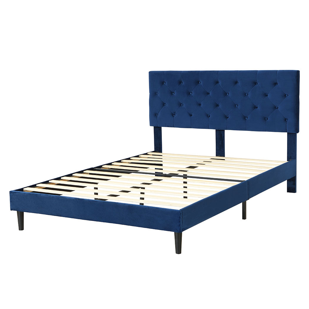 Assen Bed Frame Base Platform Wooden Velvet with Headboard Blue - Queen