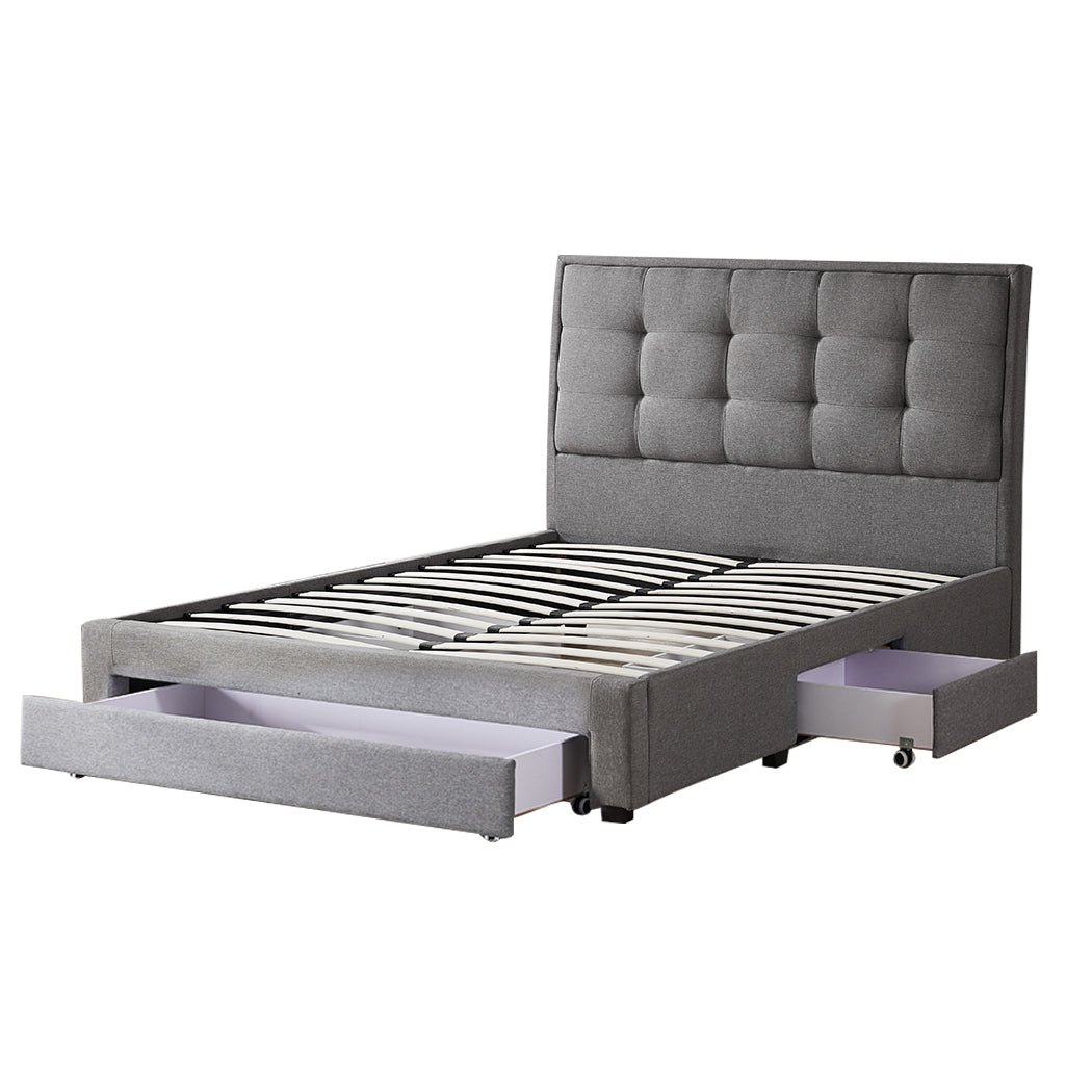 Lamia Bed Frame Base with Three Drawers Linen Cotton Storage - Grey Queen