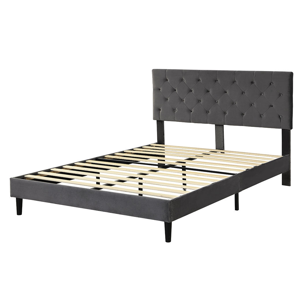 Assen Bed Frame Base Platform Wooden Velvet with Headboard Grey - Double