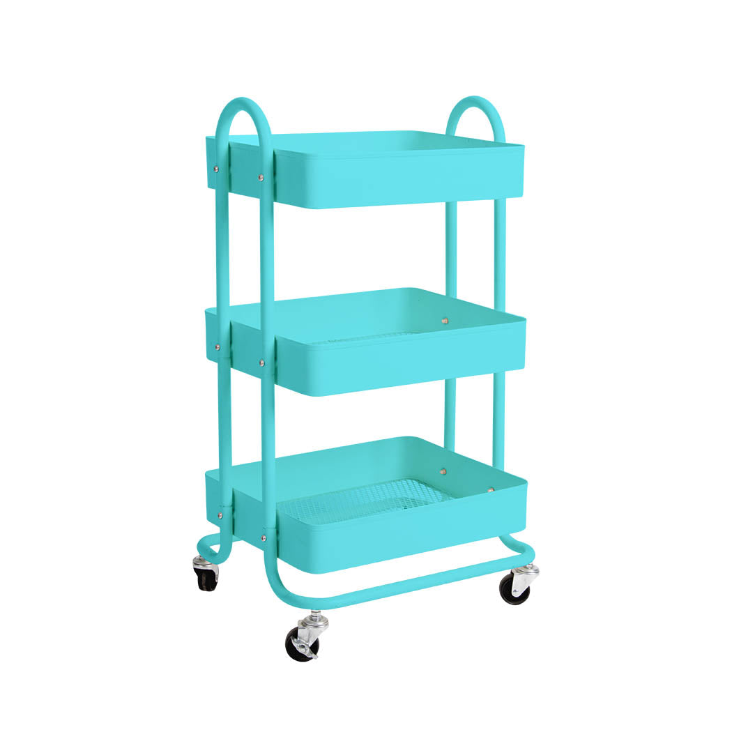 3 Tiers Kitchen Trolley Cart Steel Storage Rack Shelf Organiser Wheels Blue