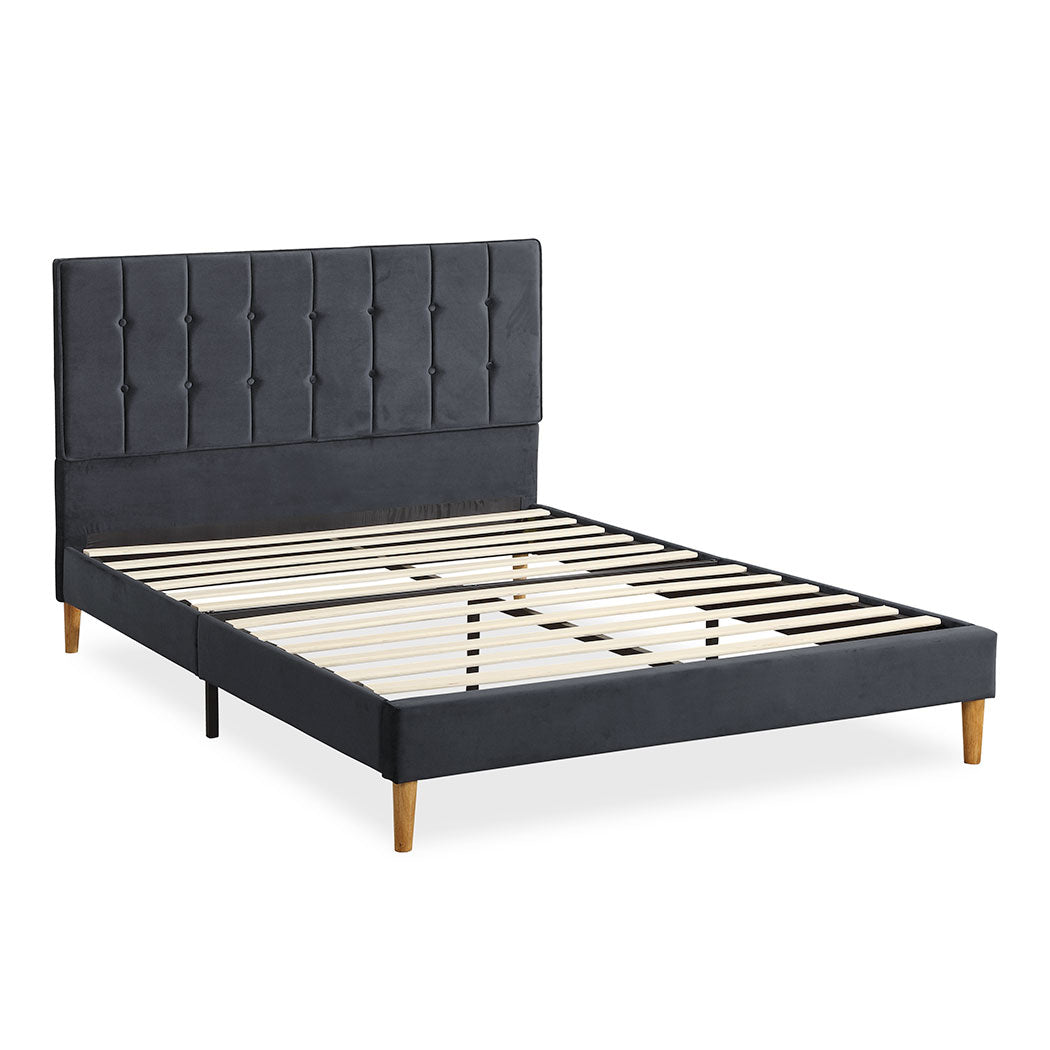 Venlo Bed Frame Base Platform Wooden Velvet with Headboard Grey - Queen