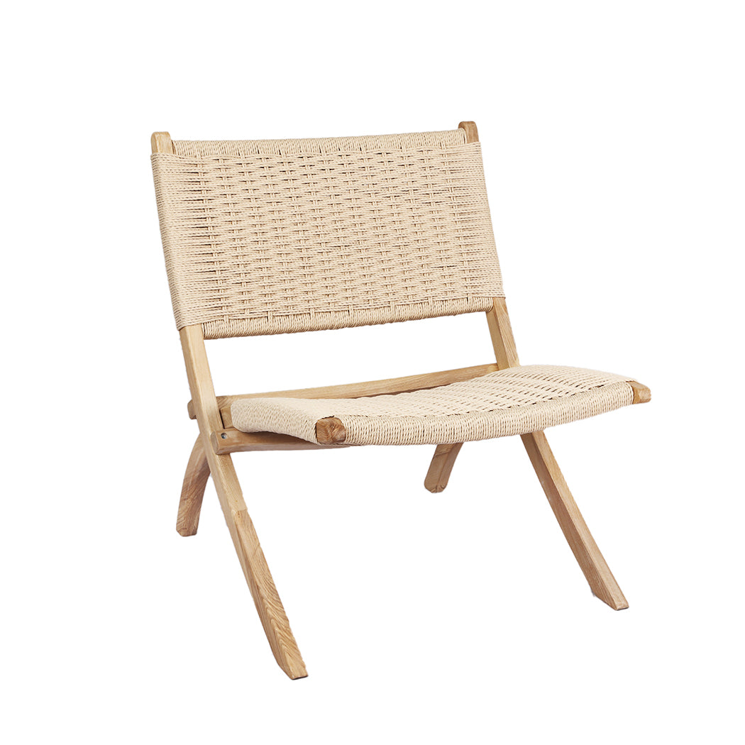 Foldable Single Deck Chair Solid Wood Kraft Rope Paper Woven Seat - Natural