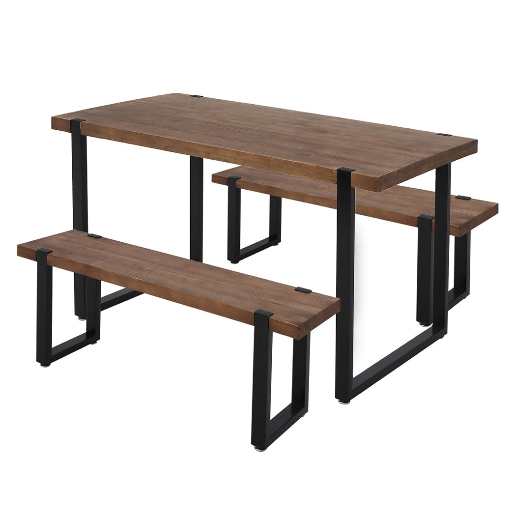 3-Piece Lucia Brown Dining Table & Chair Set Bench Industrial Cafe Restaurant