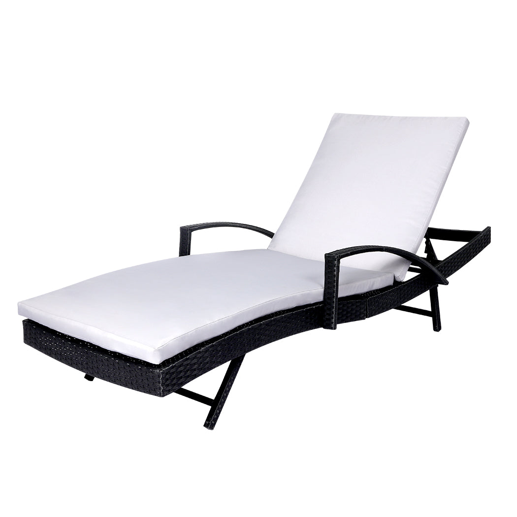 Simon Set of 2 Outdoor Sun Lounger Furniture Wicker Lounge Garden Patio Bed Pool White Cushion - Black