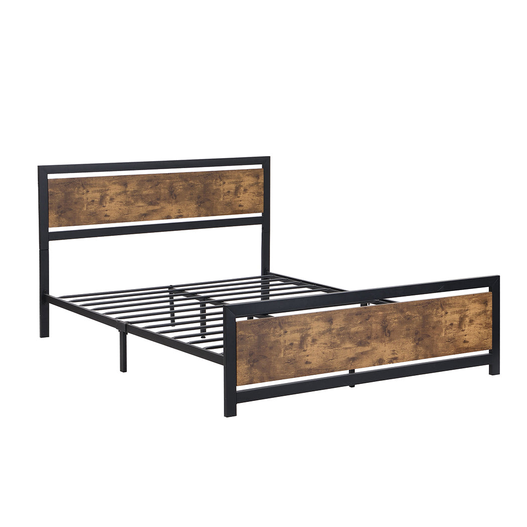 Levi Metal Bed Frame Platform Wooden Industrial Rustic - Black & Wood Queen