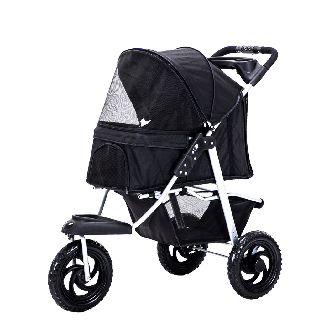 Pet Stroller Pram Dog Carrier Trailer Strollers 3 Wheels Foldable Large - Black Large