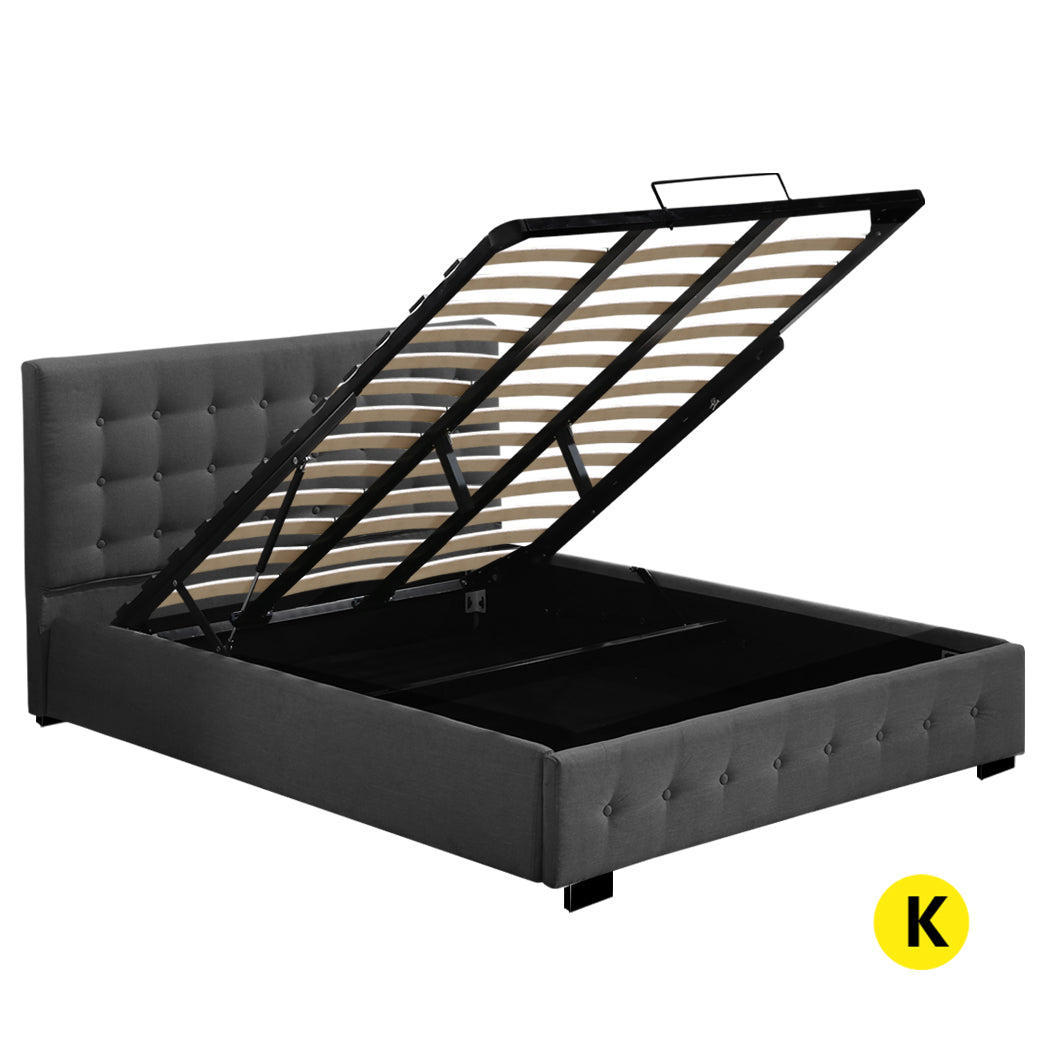 Syke Gas Lift Bed Frame Fabric Base with Storage - Dark Grey King