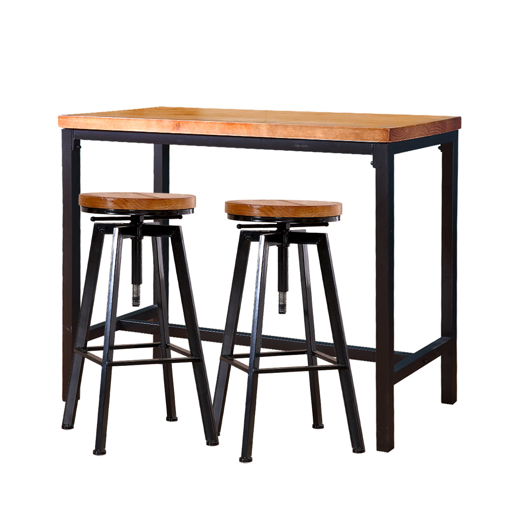 Set of 3 Potenza Industrial Pub Table & Bar Stools Wood Chair Set Home Kitchen Furniture - Black & Wood