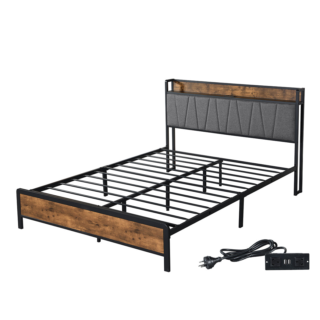 Eras Bed Frame Tufted Headboard USB Charge - Wood & Black Queen